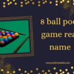 A digital card featuring a photo of pool balls arranged in a rack on the left and the text "8 Ball Pool game real name" on the right. The dark background is adorned with gold decorative patterns around the edges. At the bottom, you'll find the website www.reallygreatsite.com.