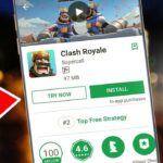 A smartphone screen displays the Google Play Store page for "Clash Royale" by Supercell, featuring "Try Now" and "Install" buttons. An excited emoji and a red arrow highlight the 4.6-star rating and 100 million downloads. Wondering *how can I install apps on my phone without using the Play Store*?