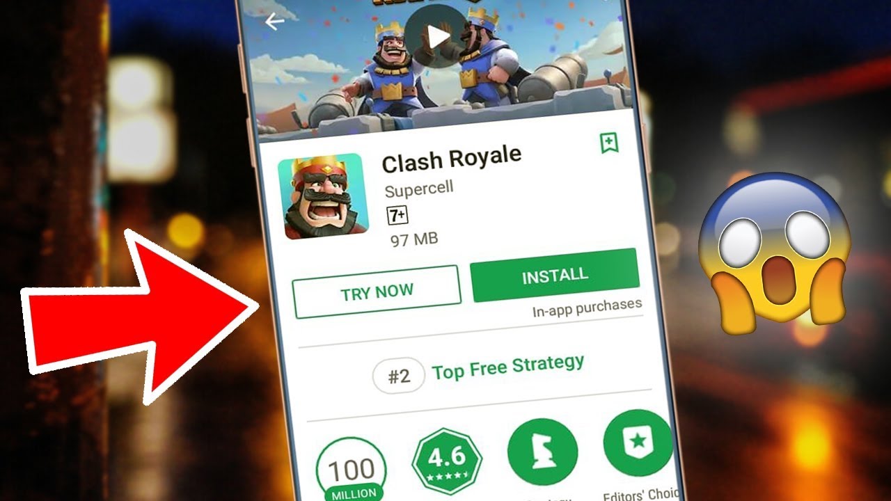 A smartphone screen displays the Google Play Store page for "Clash Royale" by Supercell, featuring "Try Now" and "Install" buttons. An excited emoji and a red arrow highlight the 4.6-star rating and 100 million downloads. Wondering *how can I install apps on my phone without using the Play Store*?