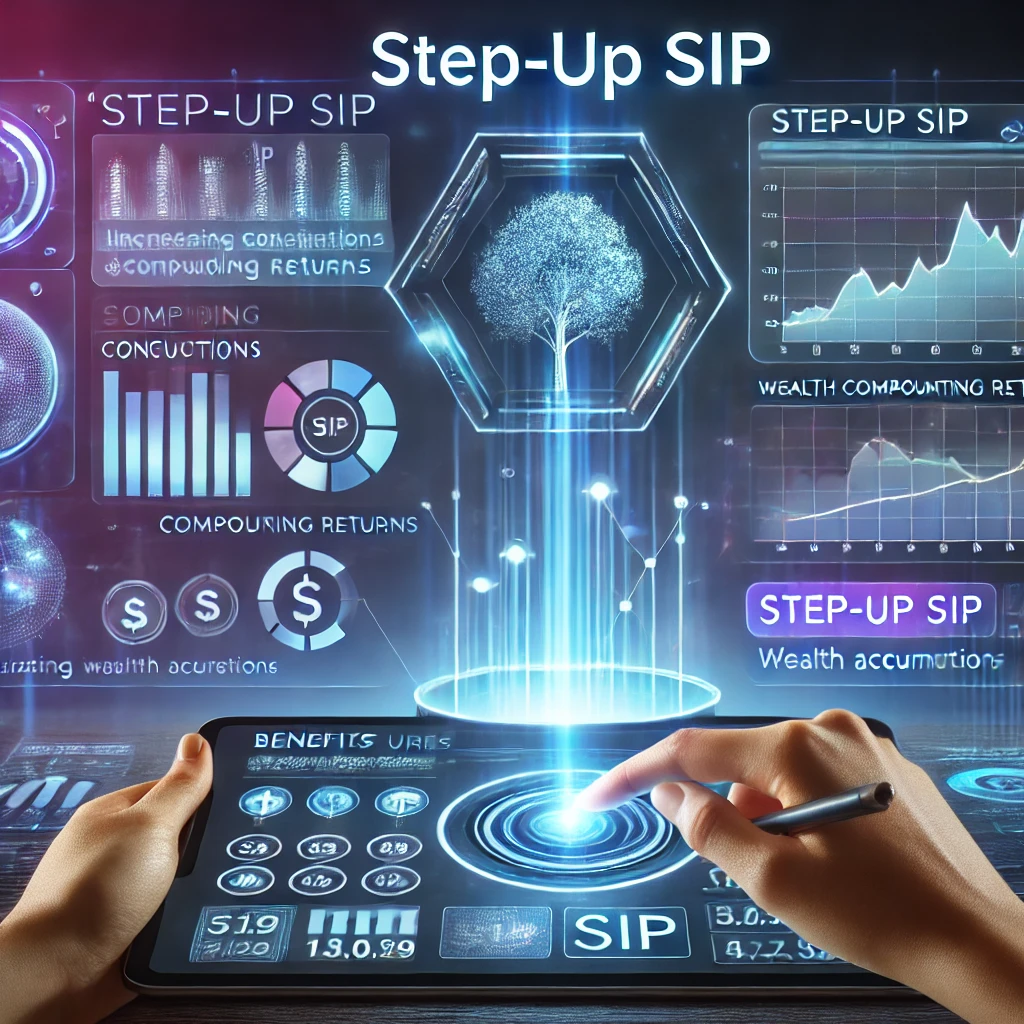 A modern digital illustration highlighting the key features of 'Step-Up SIP.' The image features a futuristic financial dashboard displaying benefits