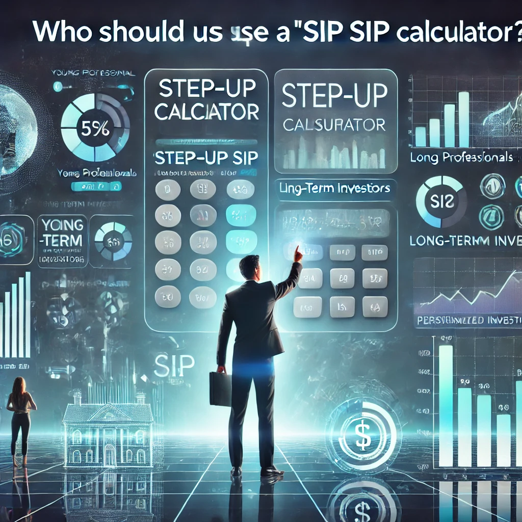 who should use a 'Step-Up SIP Calculator.' The image features a futuristic financial dashboard with different